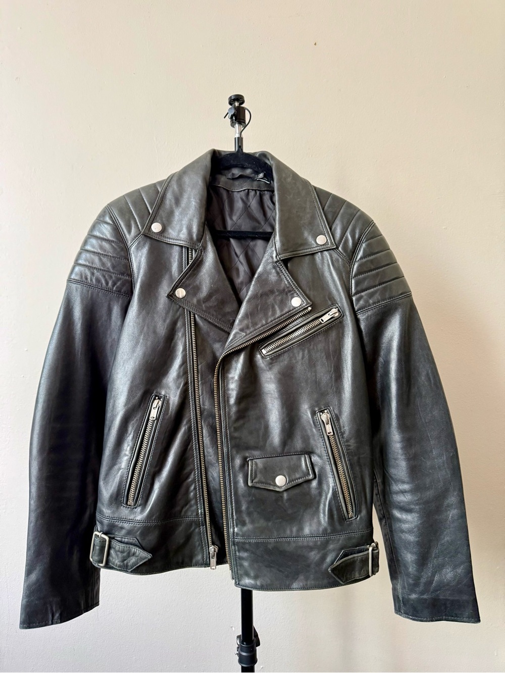BLK DNM Black Leather Quilted-Shoulder Moto Jacket